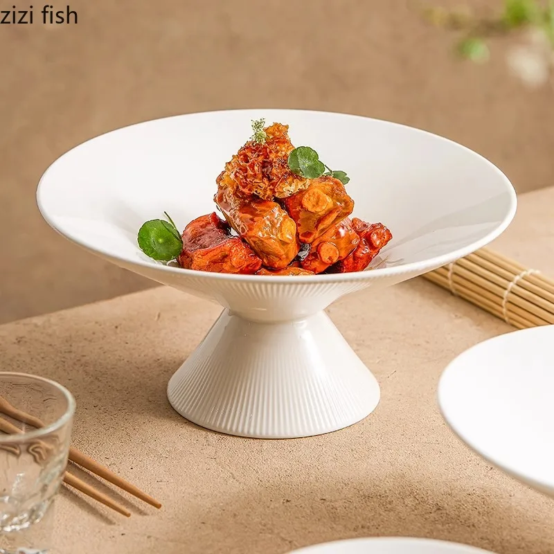 White Ceramic High Footed Plate Serving Dish Dessert Sushi Plate Pasta Dish Salad Molecular Cuisine Restaurant Tableware
