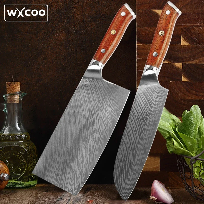 Kitchen Knife Meat Cleaver Damascus Steel Kitchen Chef Knife Slicing Meat Cleaver Butcher Chopping Fish Vegetable Cutting Sharp Knives Cooking BBQ Tool