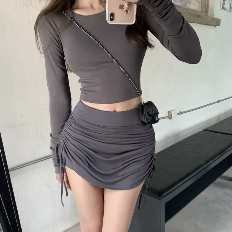 Women Elastic Mini Skirt Summer Solid Color Drawstring Ruched Knitting Thread Side Harajuku Slim Pure Sexy Lady Bodycon Skirt