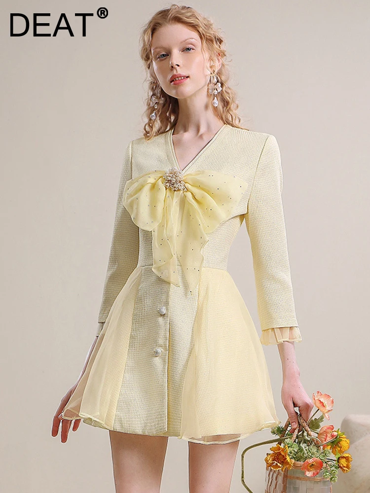 DEAT Fashion Elegant Women's Dress New V neck Long Sleeve Bow Patchwork