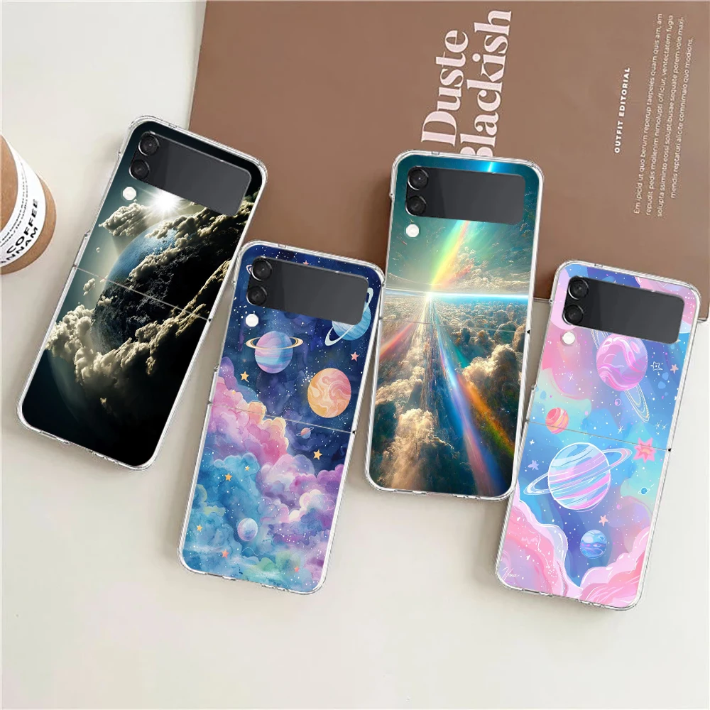 Celestial Space-Themed Hard Folding Clear Phone Case - Durable PC Bumper with Earth and Stars Design