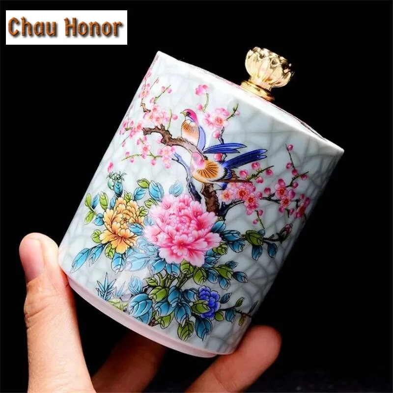 Art Bird Porcelain Tea Caddy Flower Bird Tea Box Handmade Crackle Glaze Lotus Button China Ceramic Sealing Storage Container
