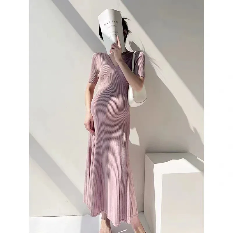 

Korean Style Maternity Knitted Dress Solid Color Short Sleeve V-Neck High Waist Pregnant Woman Stretched Dresses Pregnancy Dress