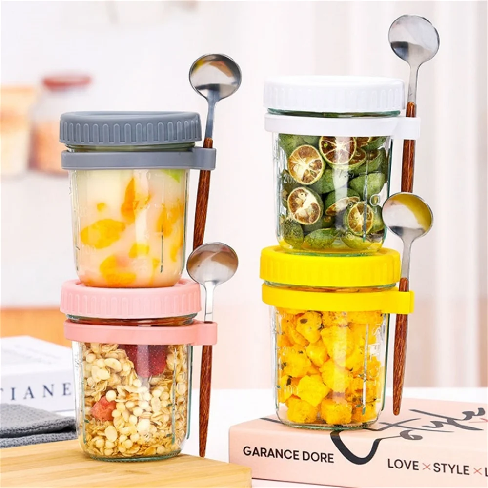 1pack Cup 350ML Overnight Oat Cup Glass With Lid And Spoon Seal Food Breakfast Cup Portable Cereal Milk Salad Yogurt Cup Kitchen