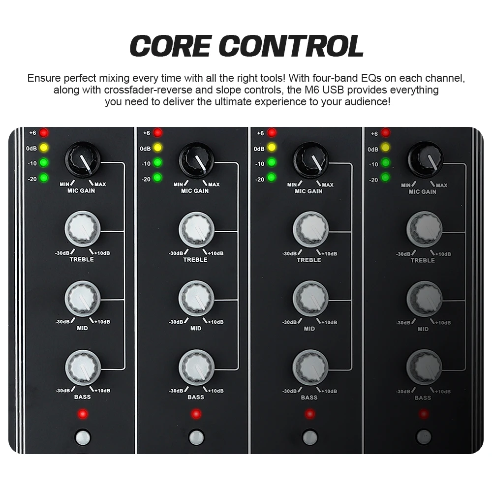 DGNOG M6 USB 4-Channel DJ Mixer with Built-In Audio Interface 3-Band EQ Microphone Input and Replaceable Crossfader for DJ Stage