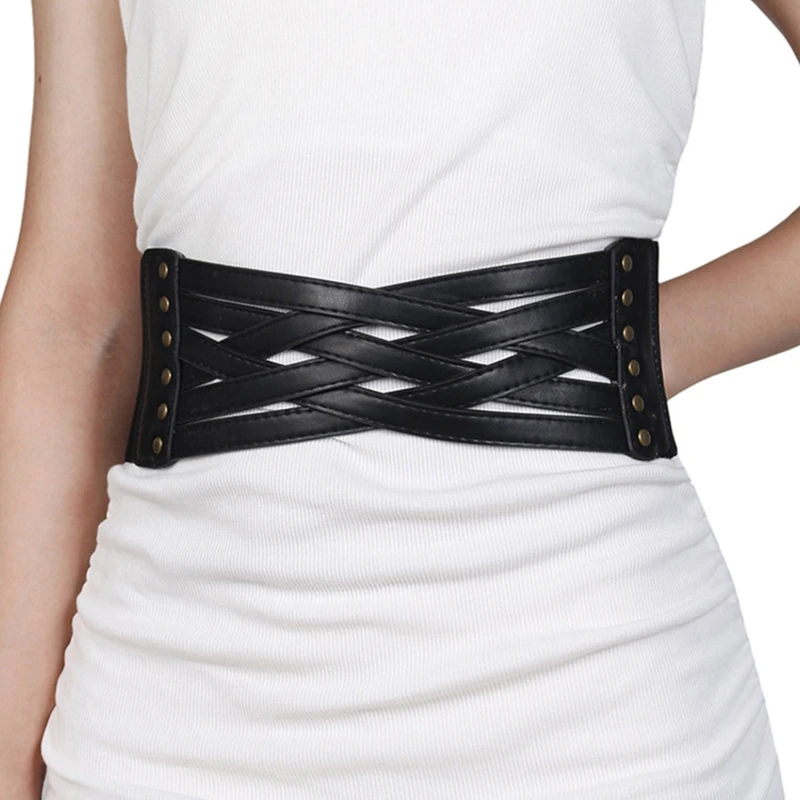 

Vintage Women PU Leather Chain Elastic Wide Belt Strap Solid Color Waistband Waist Corset for Women Slimming Belt
