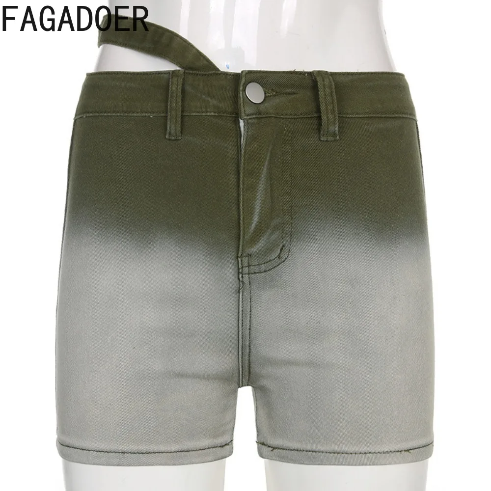 FAGADOER Fashion Gradient Print Denim Shorts Women High Waist Button Skinny Jean Spring New Female Solid Matching Cowboy Bottoms