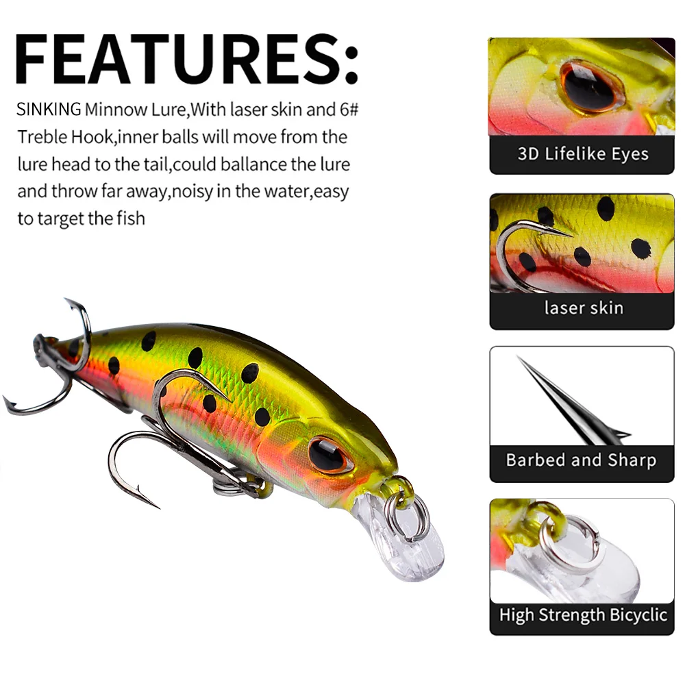 PROBEROS Mini Sinking Minnow Wobblers Fishing Lures 5.3cm-4.6g Artificial Trolling Hard Bait Jerkbait Swimbait Bass Fishing fishing lure