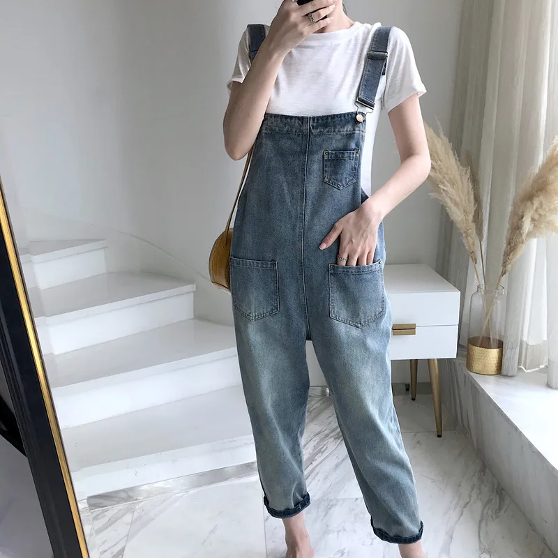 

Korean Commute Sling Jeans Women's Spring Summer New Overalls Solid Color Loose Patchwork Pockets Cute Denim Ankle-Length Pants