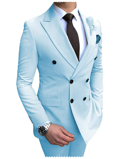 2024 New Beige Men's Suit 2 Pieces Double Breasted Notch Lapel Flat Slim Fit Casual Tuxedos For Wedding(Blazer+Pants) - baby blue, XXXL