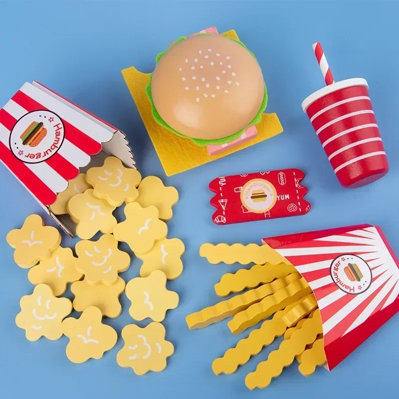 New Wooden Kitchen Pretend Play Toy Simulation Wooden Hamburger Chips Snack Baby Early Learning Educational Toys For Gifts Kids