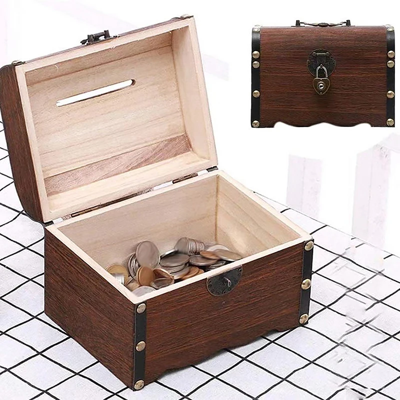 Schatztruhe mit Schloss, Vintage-Schatz-Aufbewahrungsbox, Sparschwein-Organizer, Spardose, Koffer mit Schloss für Zuhause, Retro-Dekoration – Detail 10