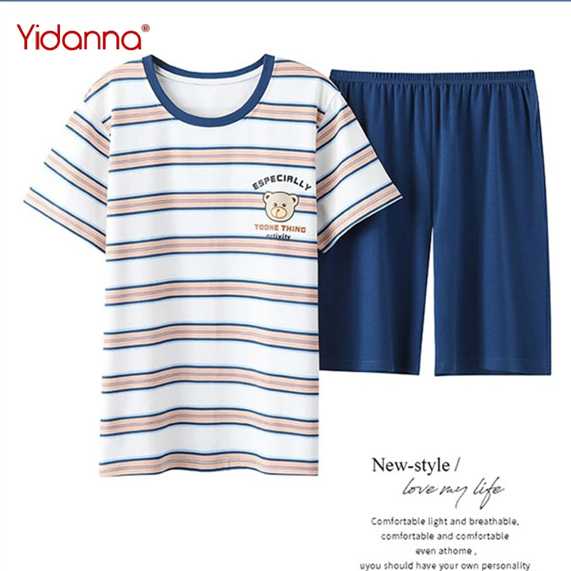 

Yidanna Comfortable Striped Pajamas Set for Men Loose Male Short Sleeve Cloth Casual Nighties Cotton Plus Size Sleepwear Summer