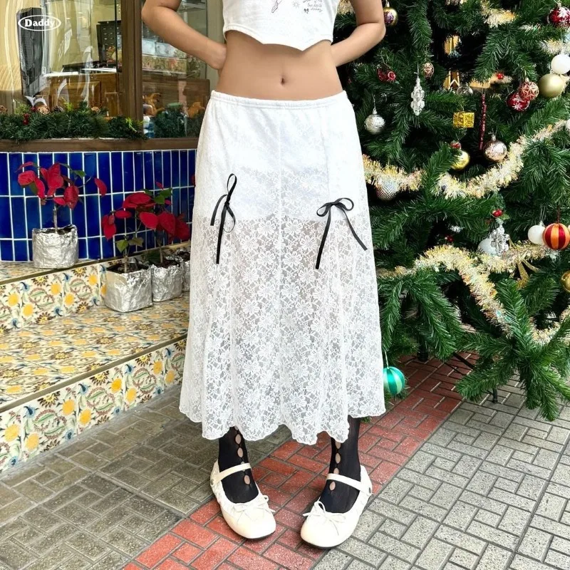 

TARUXY New Bows Solid Color Lace Long Skirts For Women See Throught Hot Girl Summer Fashion Hig Waist Club Party Skirt Female