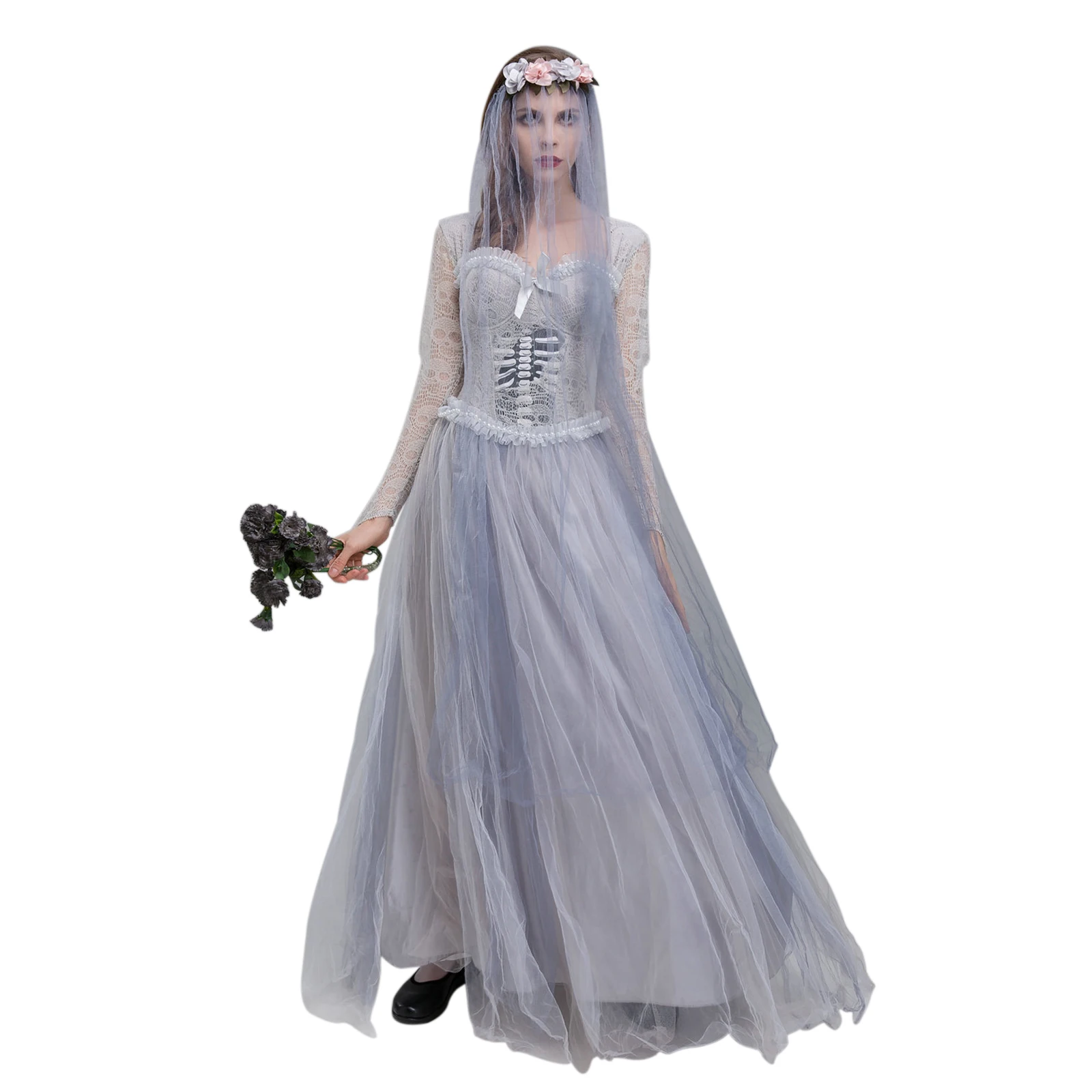 Women Halloween Dead Bride Costume Ghost Corpse Bride Corset Dress and Veil Floral Headband Set for Cosplay Outfits