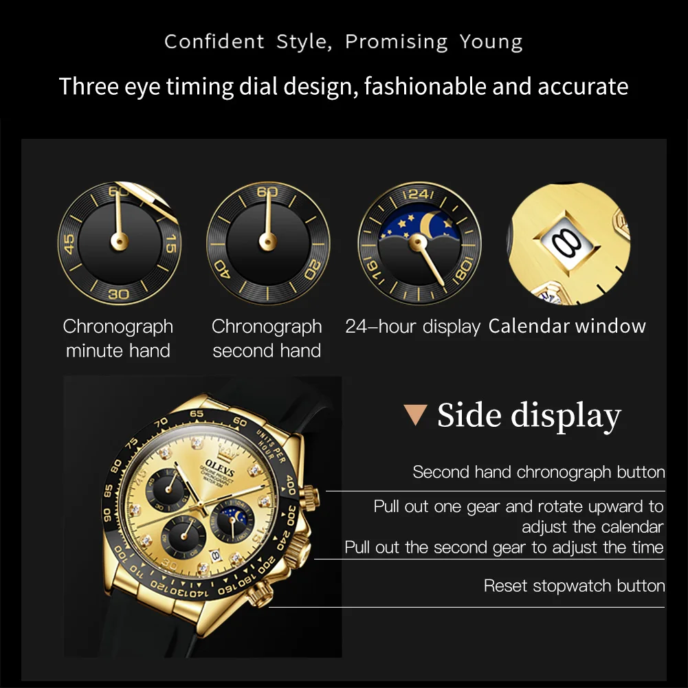 OLEVS 2875 Man Watch Fashion Luxury Original Moon Phase Calendar Wristwatch Chronograph Silicone Strap Waterproof Watch For Men
