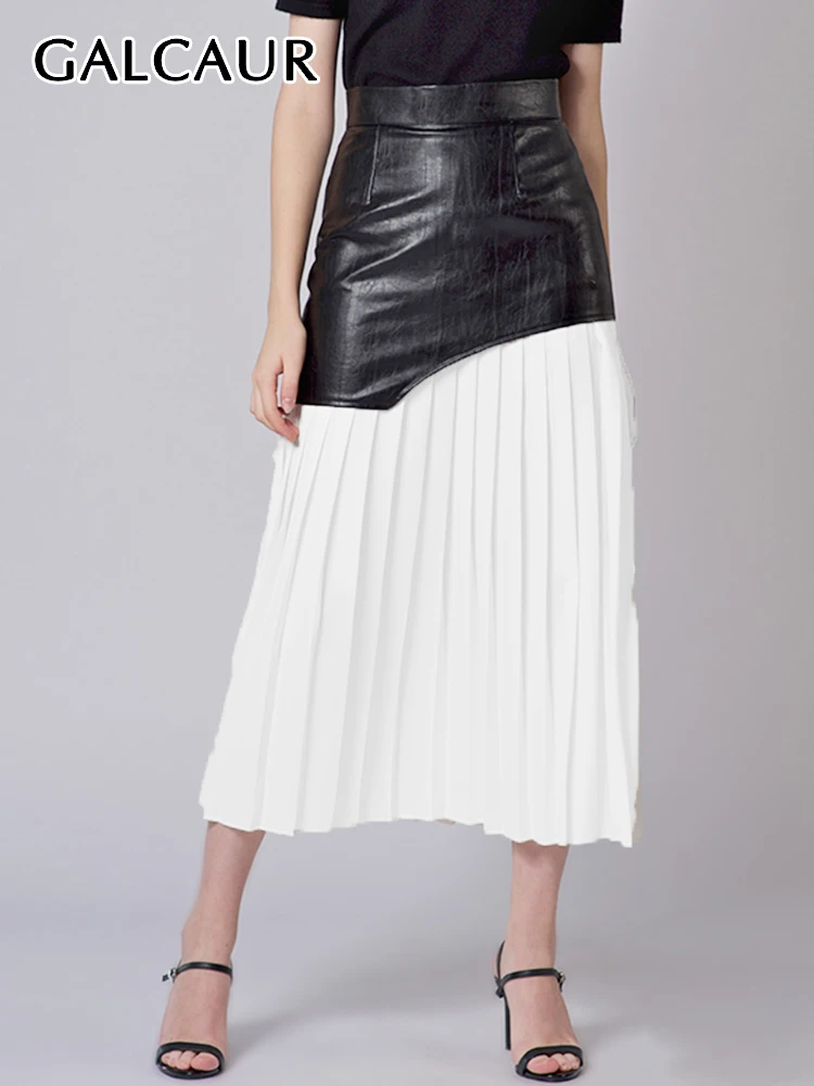 

GALCAUR Patchwork Pu Leather Skirt For Women High Waist Spliced Zipper Folds Colorblock Loose Summer Midi Skirts Female 2023 New