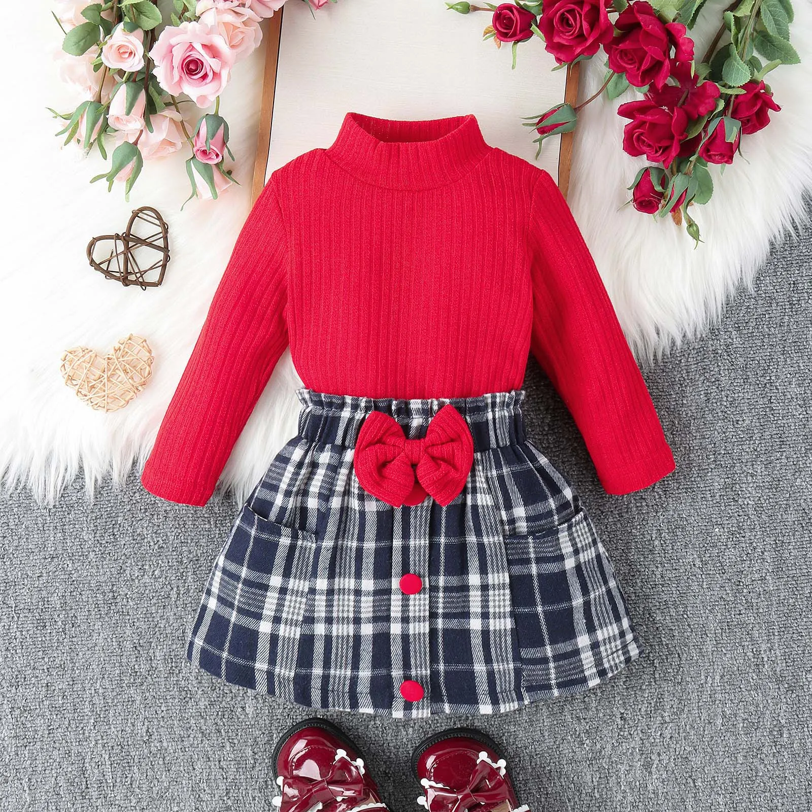 

Комплект одежды для маленьких девочек, красная рифленая Водолазка с длинным рукавом, клетчатая юбка с принтом, комплект из двух предметов, Новогодняя одежда для малышей