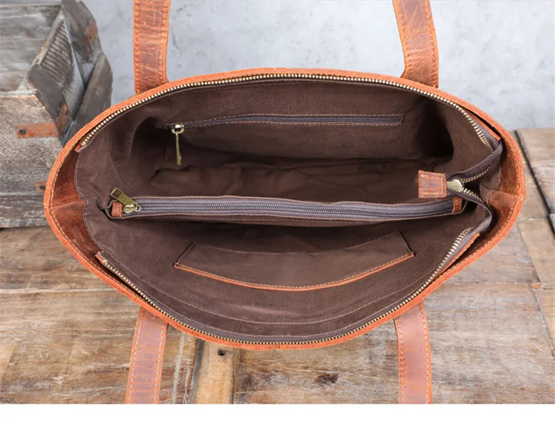 Simple vintage high-quality natural genuine leather unisex tote bag casual crazy horse cowhide large-capacity laptop handbag