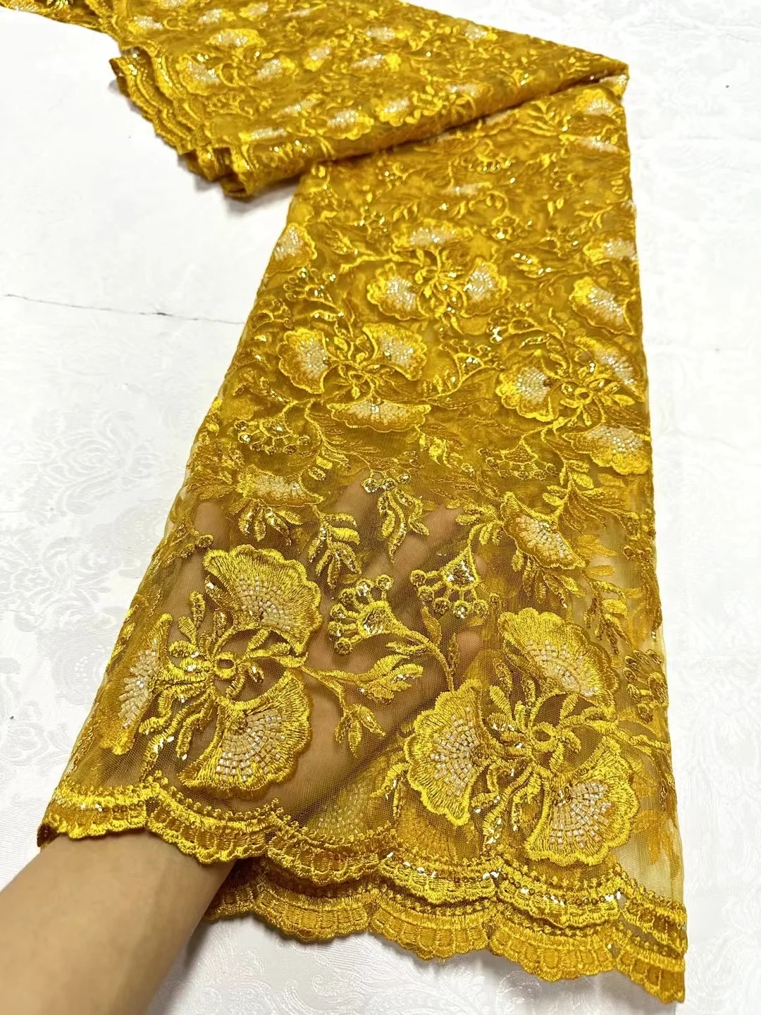 

Latest African Lace Fabric 2024 High Quality,Fabrics By The Meters,Sequin,Tulle,Wedding Dresses,Embroidery,Mesh,Gold,5 Yards