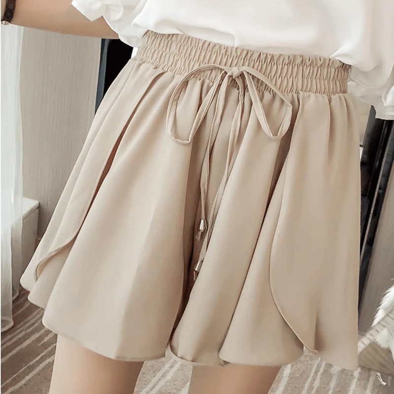 Summer Oversized Loose Solid Color Simplicity Wide Leg Elastic Waist Spliced Drawstring Commute Women's Clothing Chiffon Shorts