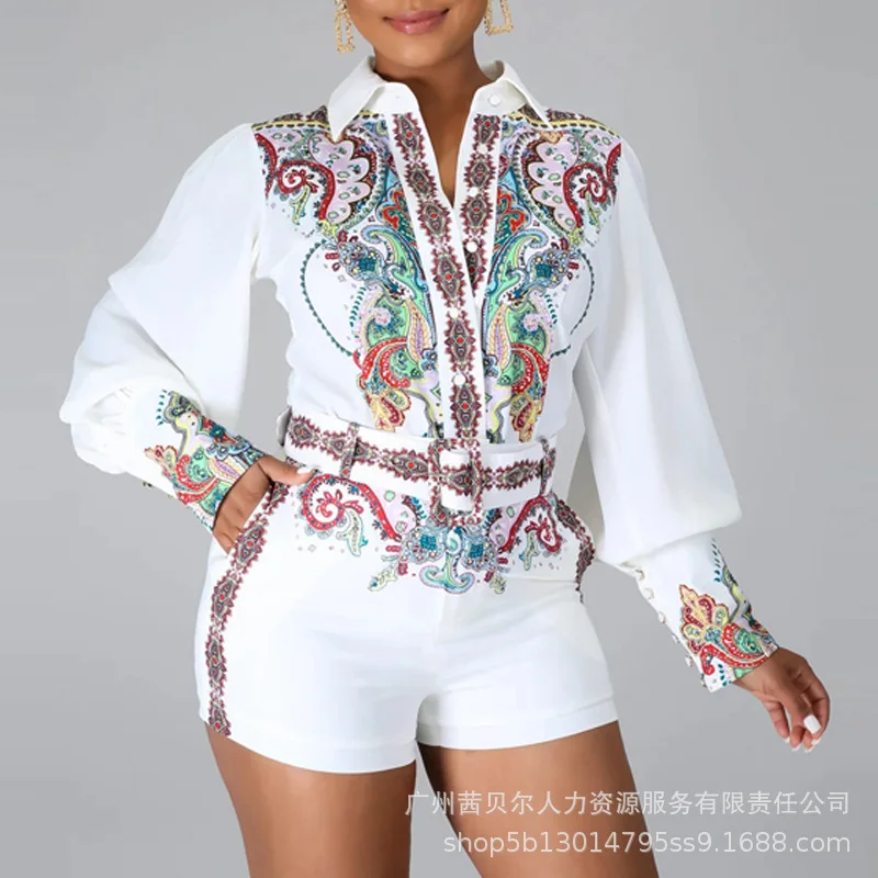 Tribal Print Long Sleeve Button Down Shirt & Shorts Set Women 2pcs Clothes Suit Spring Summer