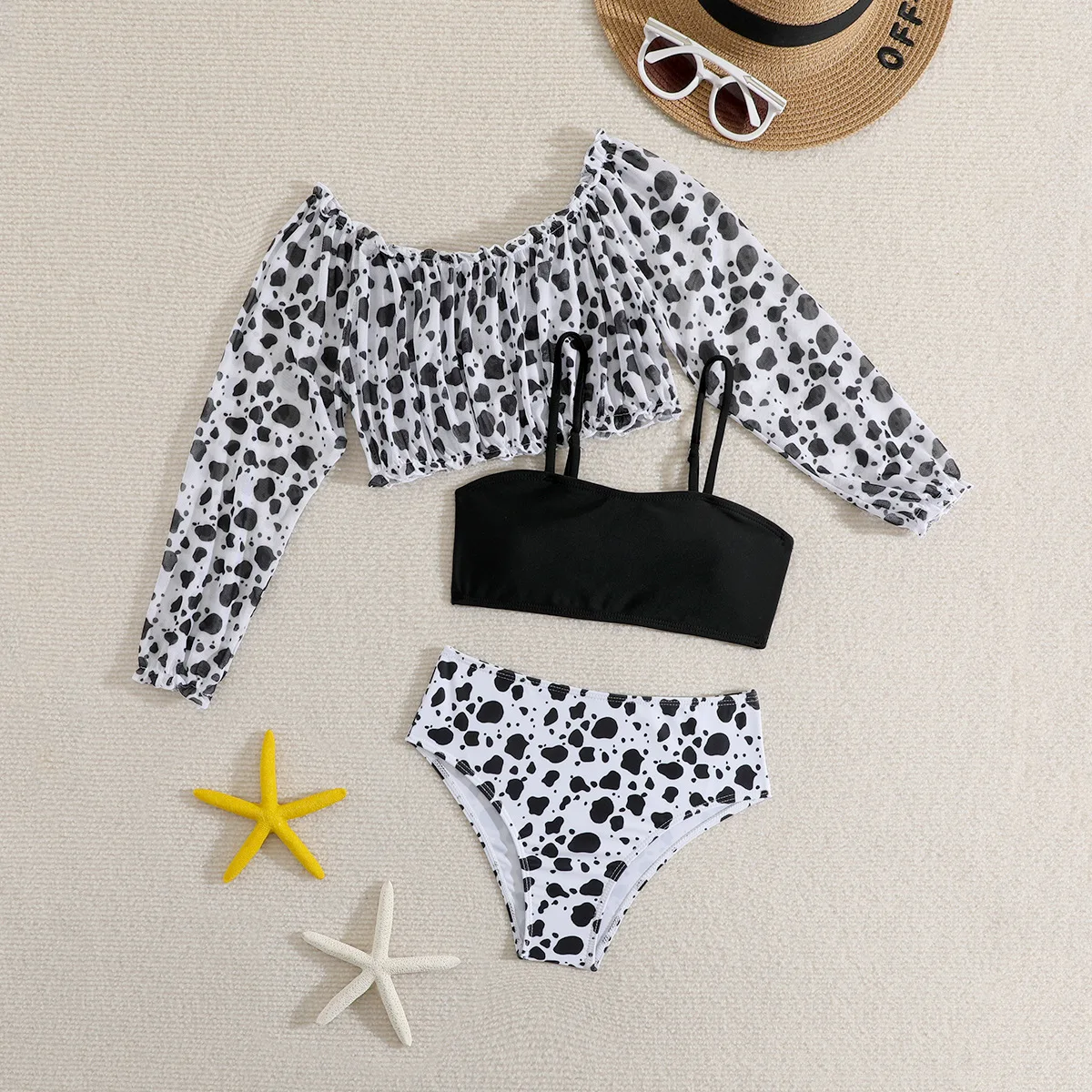 Cow Print Girls Swimsuit Cover Up Top Kids Swimwear Female Children's Bathers 3 Pieces Beach Wear