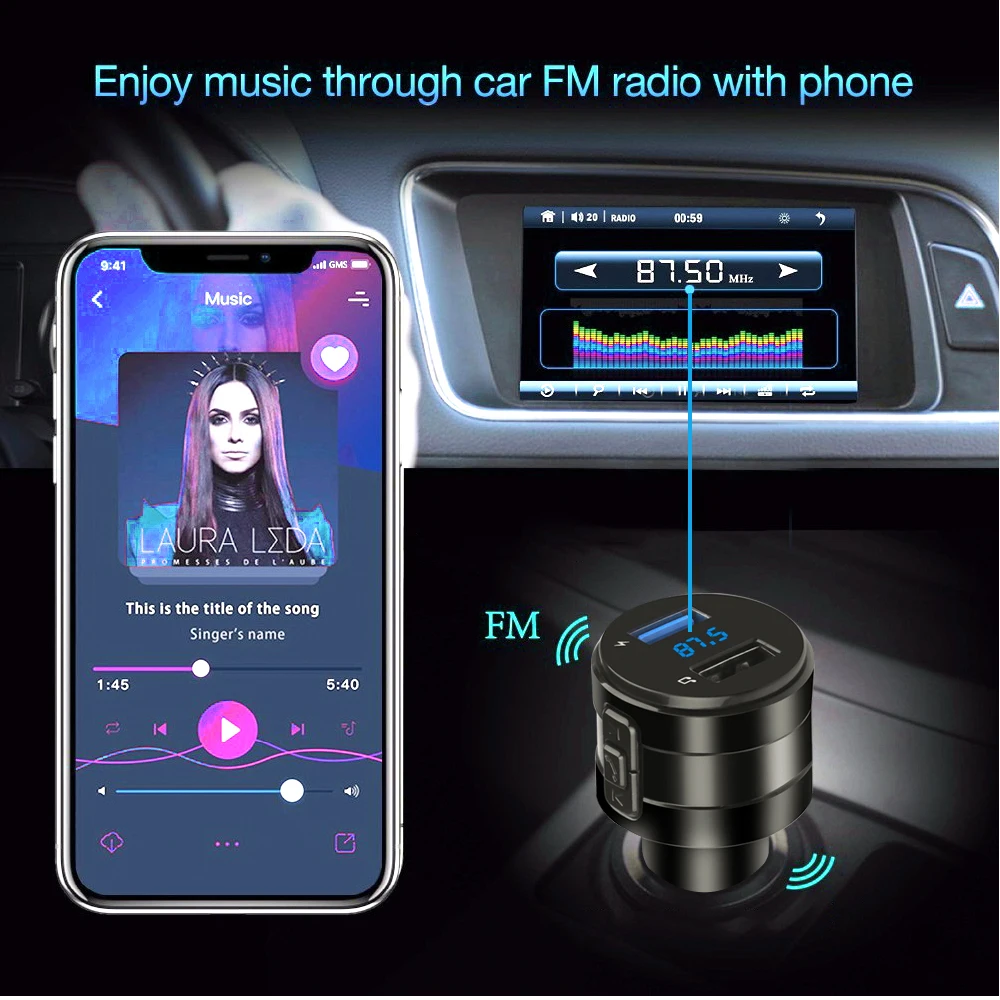 Bluetooth 4.2 FM Transmitter 2.1A Dual USB Ports Modulator Car Charger  Handsfree MP3 Player Cigarette Lighter Adapter