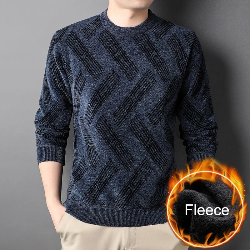 

New Fleece Sweater for Men Long Sleeve Pullover Winter and Autumn Clothing Warm Thick Sweaters Loose Knitted Solid Knitwear
