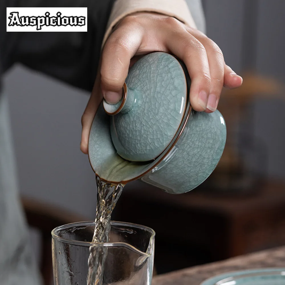 170ML Longquan Celadon Hand Grasping Gaiwan Handmade Ice Crack Galze Cover Bowl Tea Tureen Tea Maker Cover Bowl Teaset Gift Box