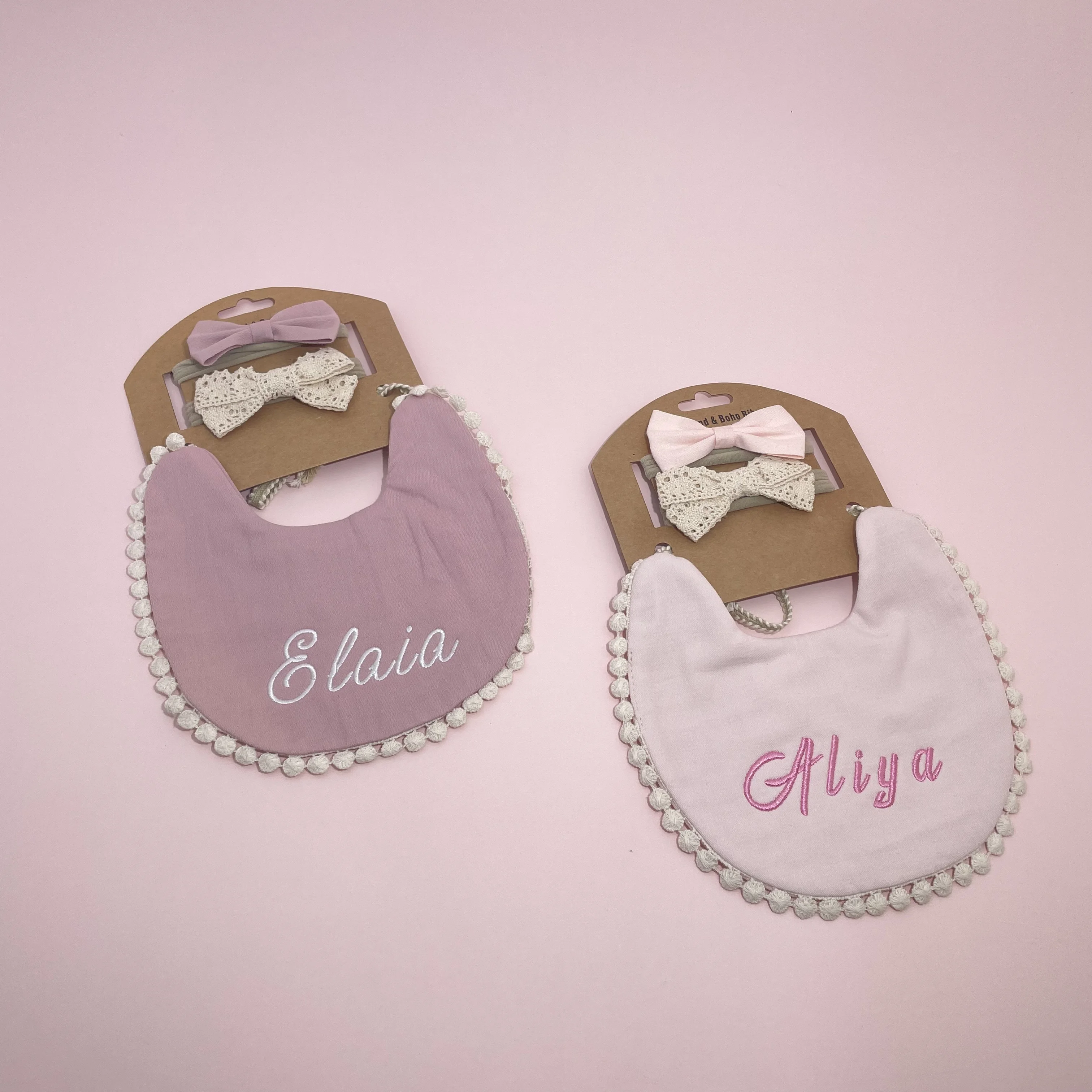 Personalisiertes Baumwoll-Baby-Lätzchen-Set mit Schleifen-Stirnband, Baby-Spucktuch, individuelles Sabbertuch, Neugeborenen-Geschenk – Detail 12