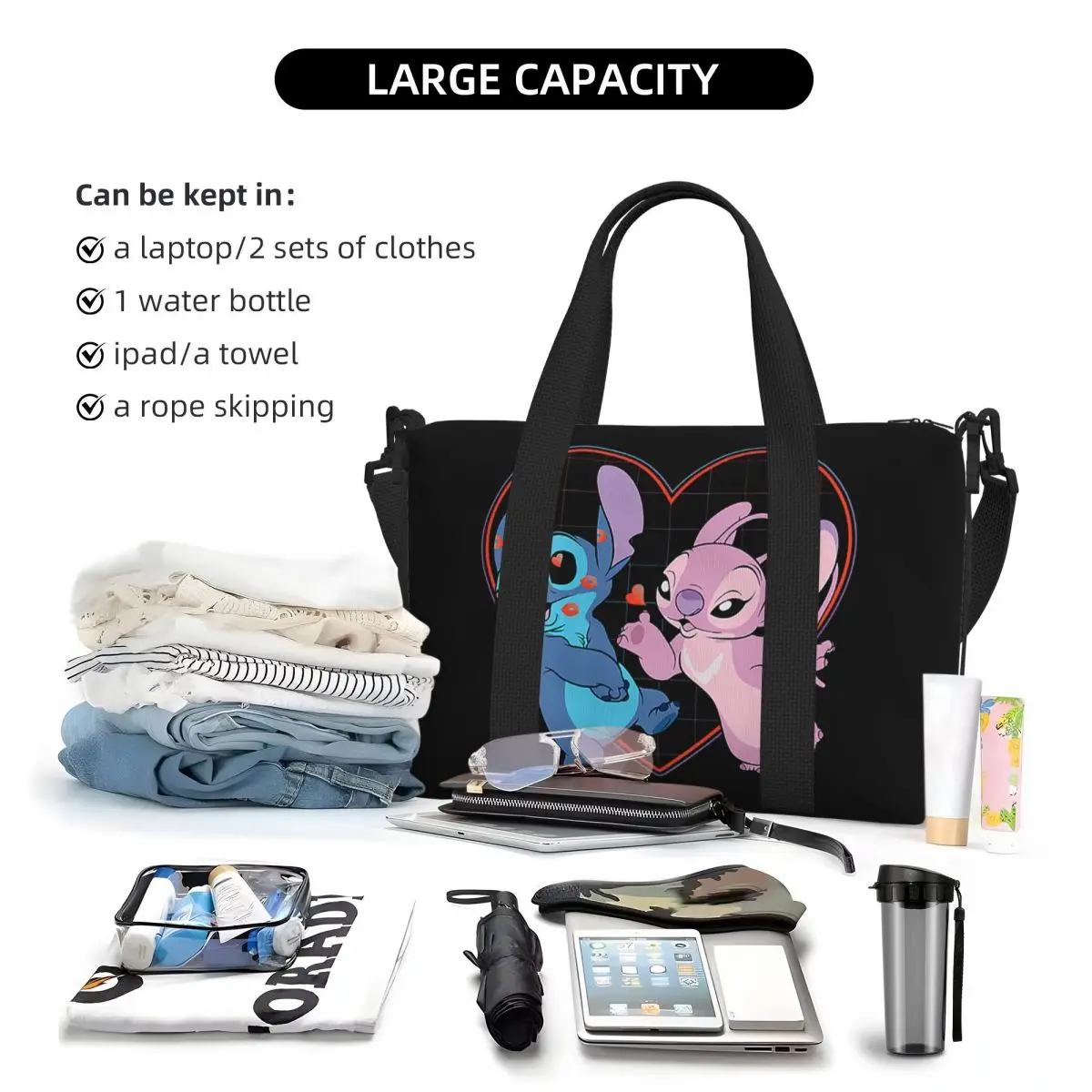 Custom Stitch Lilo Angel Heart Kisses Tote Bag for Women Large Capacity Beach Gym Travel Bags 5