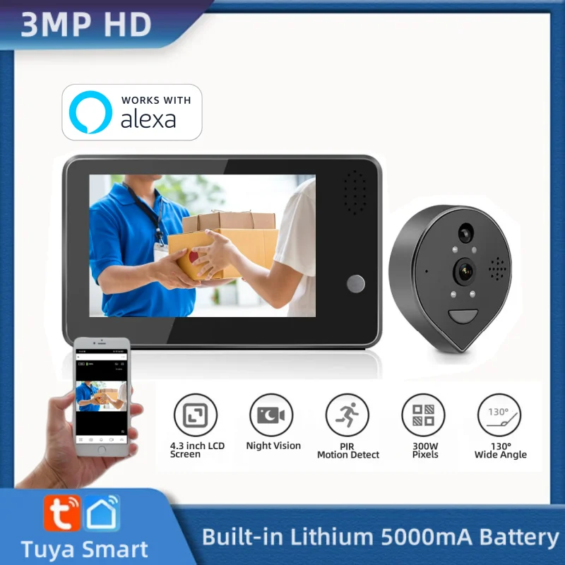 Wireless Doorbell Tuya Smart Wireless House Peephole Video Doorbells Wide Angle 130&deg; 3MP HD Alexa Door Eye Intercom With Camera Support Video Call