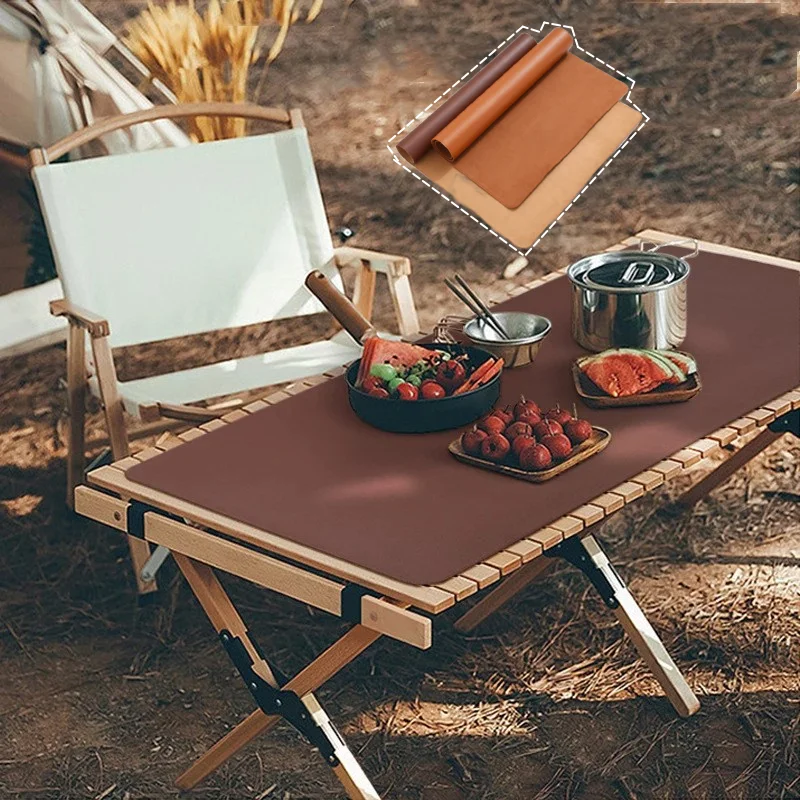 Table Mat Camping Wood Roll Table Mat  PU Leather Thicken Waterproof Heat-Resistant Wooden Desk Pad For Outdoor Picnic BBQ