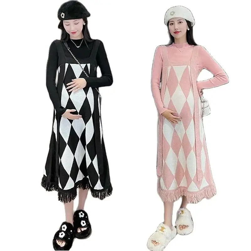 

Good Quality Winter Maternity Clothes Set Long Sleeve Basic Shirts+tassel Hem Strap Dress Pregnant Woman Two Pieces Dress Suits