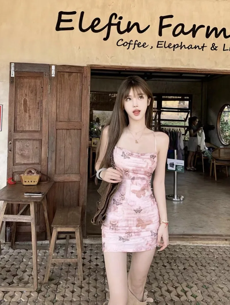 

Korean Fashion Butterfly Mesh Dress with Printed Suspender Top 2024 Women's Summer Short and Medium Length Dress Female Clothing