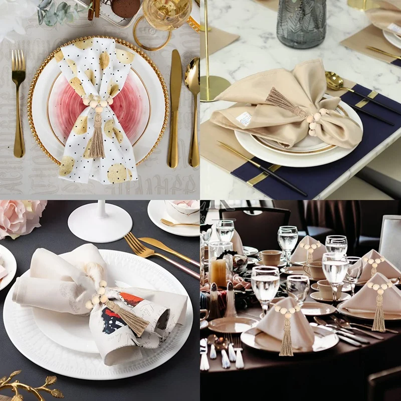

12PCS Natural Wooden Beads Napkin Rings With Tassels Napkin Holders For Christmas Farmhouse Wedding Home Table Decor