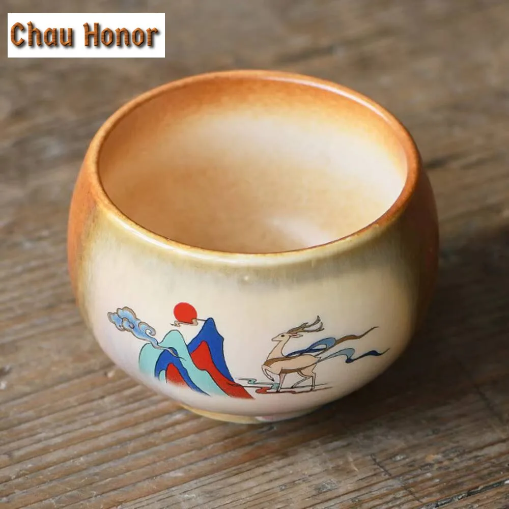 200ml Soda Glaze Ceramic Teacup Dunhuang Frescoes Painted Deer Tea Bowl Coarse Pottery Coffee Mug Master Cup Kung Fu Teaware