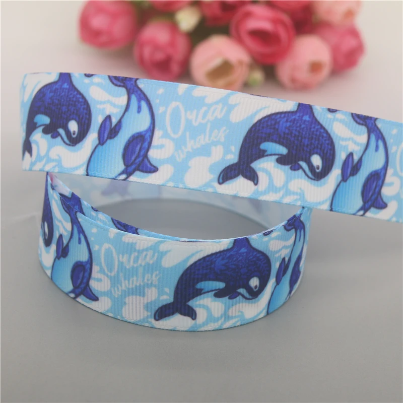 DHK 50yards Sea Shark Whale Printed Grosgrain Ribbon Accessories Material Headwear Decoration DIY Sewing Craft D1959