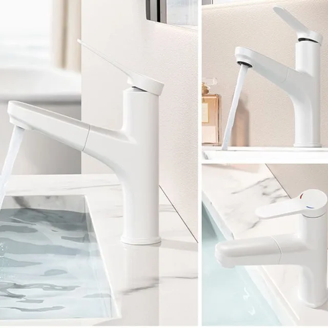 ก๊อกน้ำอ่างล้างหน้าแบบดึงออกสีขาว, ก๊อกน้ำอ่างล้างจานแบบยืดหยุ่นน้ำร้อนและน้ำเย็นติดตั้งบนดาดฟ้าพร้อมโหมดฝักบัวแบบสตรีม 6