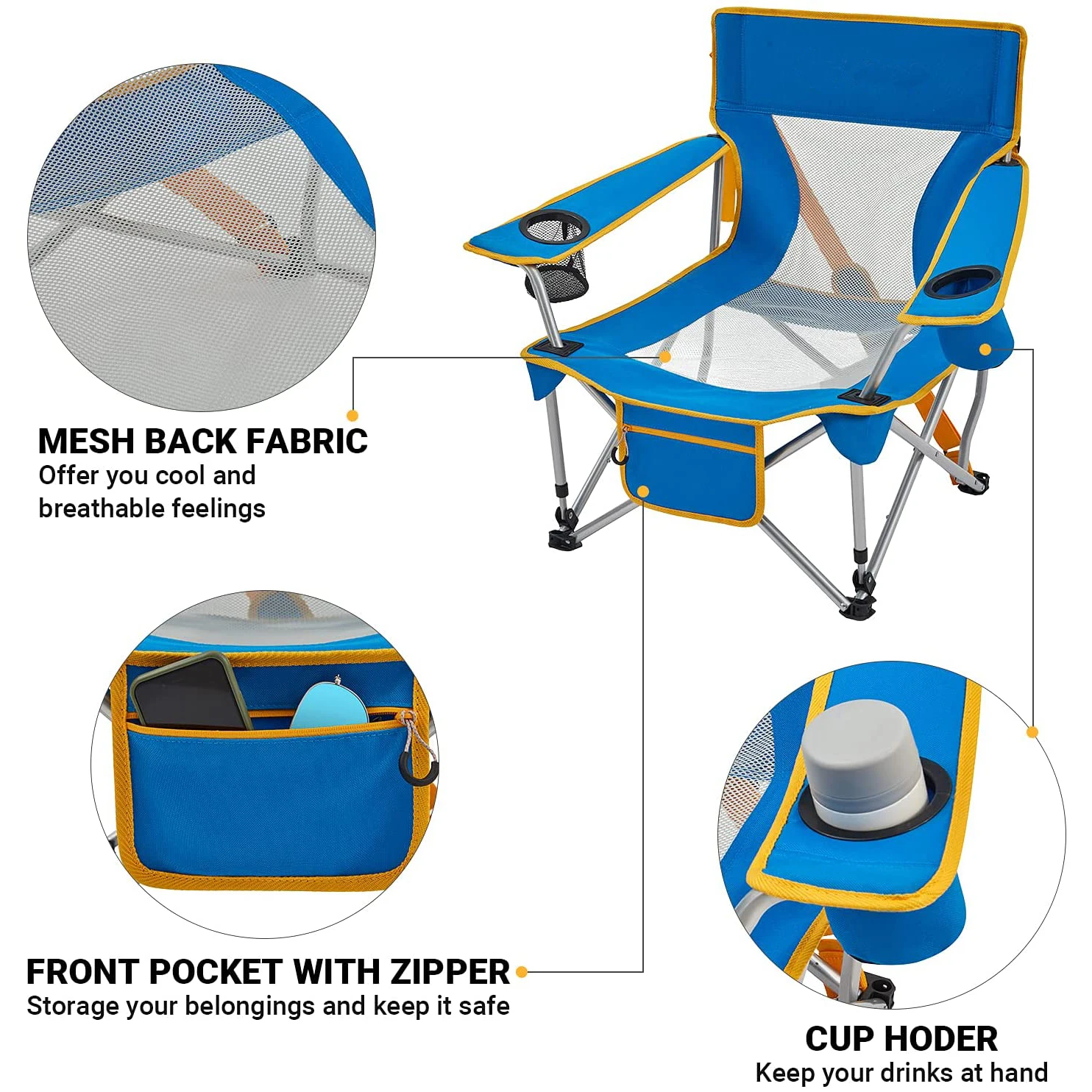 2022 New Blue Folding Camping Chair Low Seat Portable Lightweight Chair With Cup Holder And Front Pocket For Outdoor 4