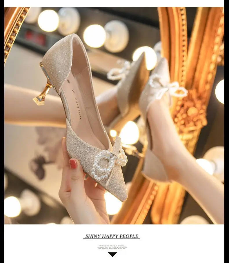 Ragazze francesi tacchi alti e sottili fiocco con nodo superficiale 2024 nuove scarpe da sposa solide da donna primaverili_voghion.com