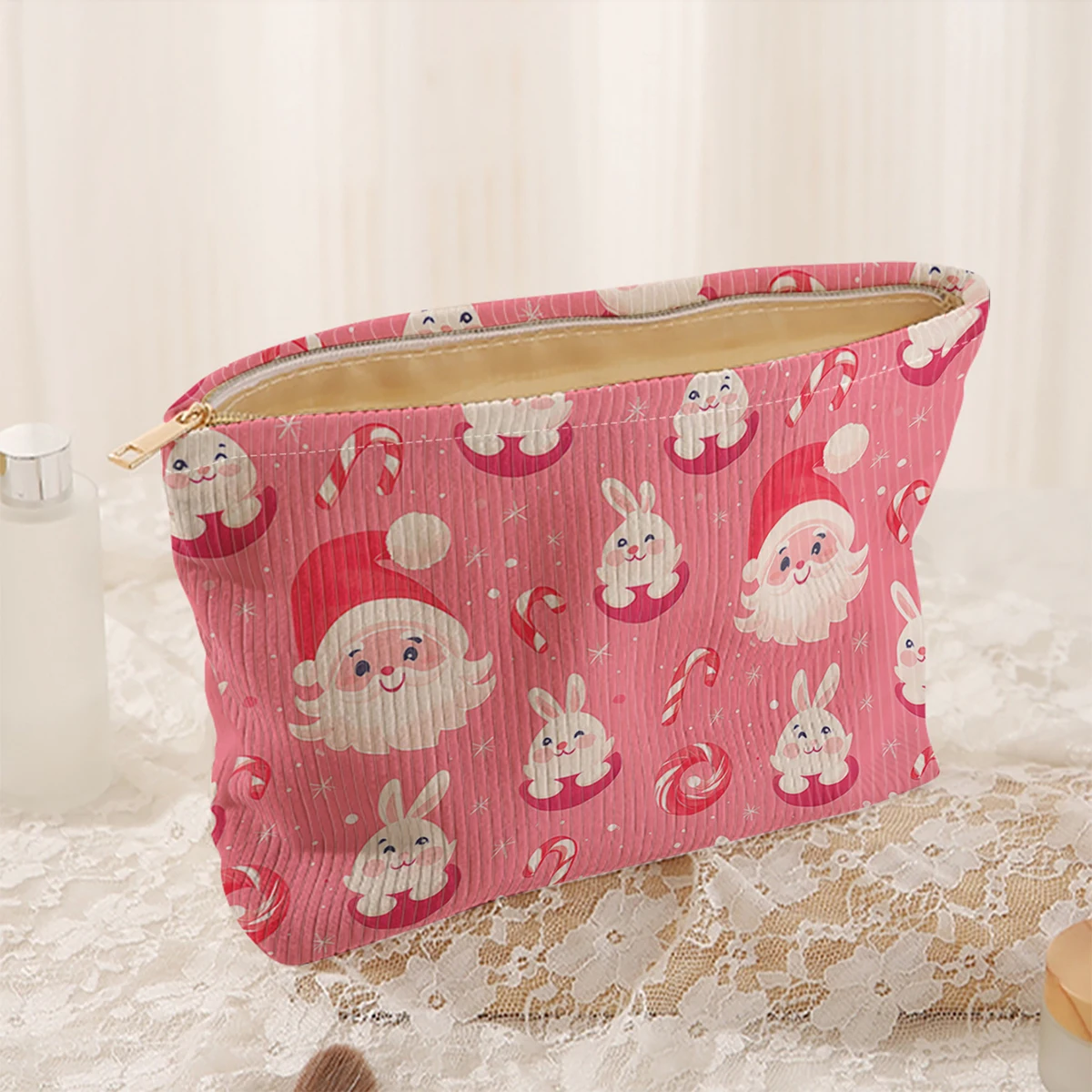 1 Christmas themed corduroy makeup bag, lightweight zipper makeup storage box, multifunctional bag with lining