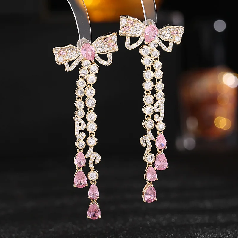 

Fashion Zircon Bow Tassel Stud Earrings Long Tassels Earrings Women Jewelry LYI062
