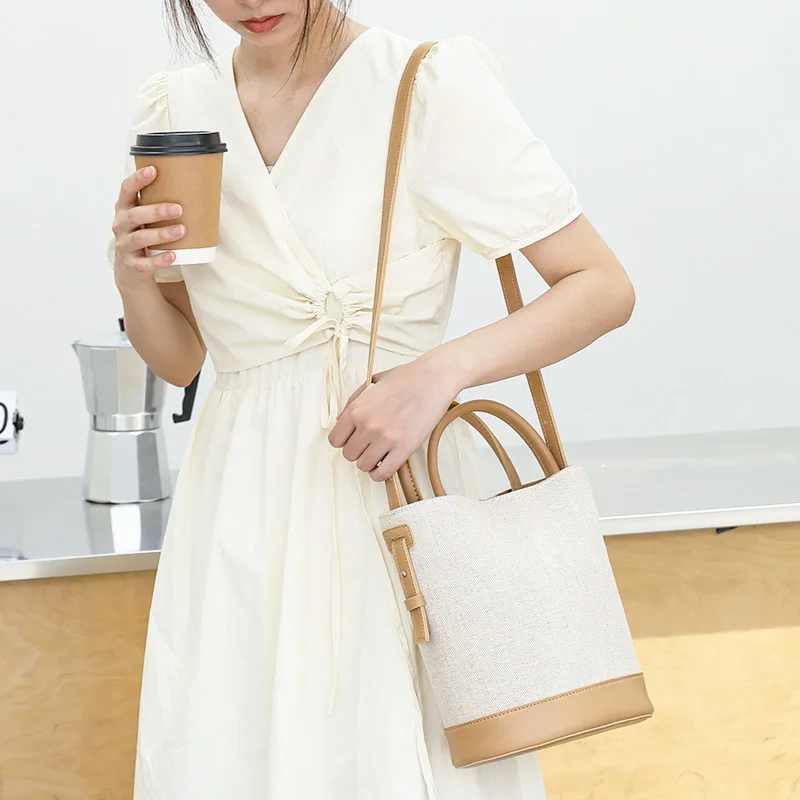 NEW Patchwork Shoulder Bag Canvas PU Leather Color Contrast Handbag Trend Simple Women's Aesthetic Casual Shopping Crossbody Bag