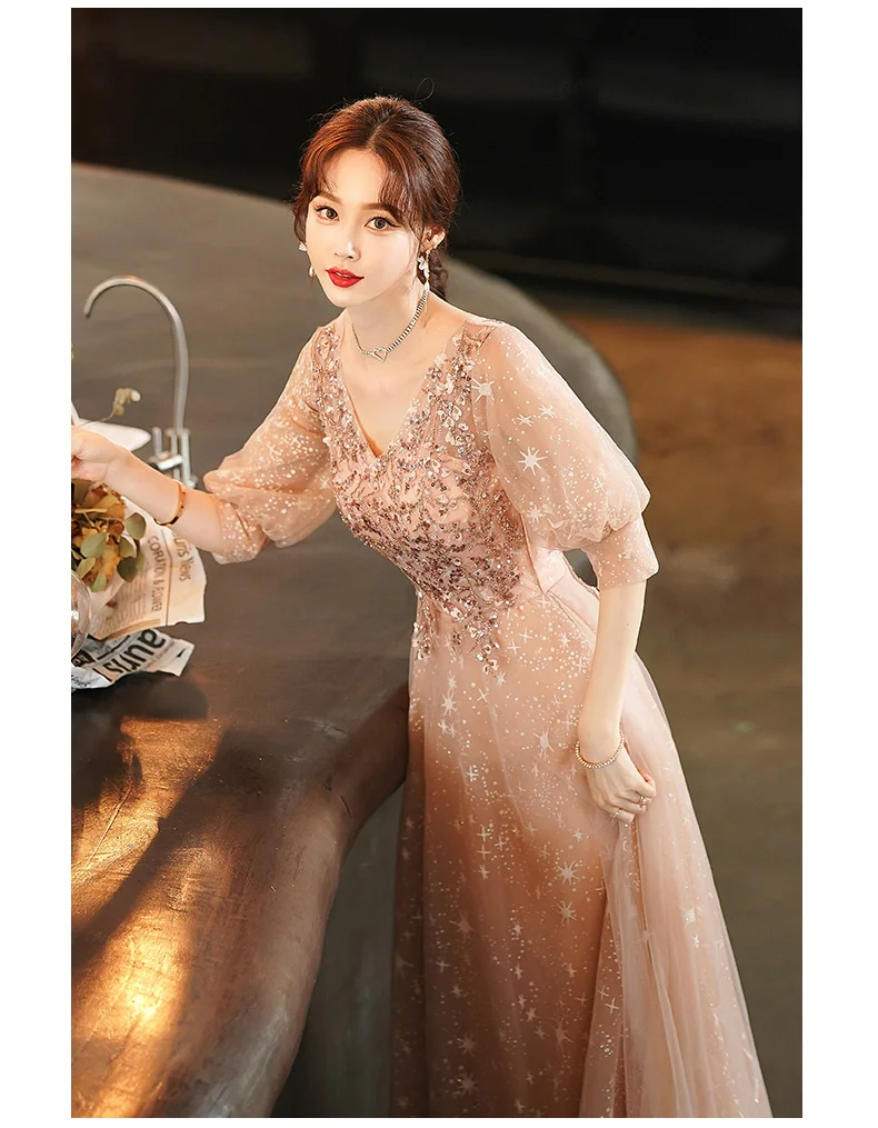 Pink Evening Dresses Long For Women Elegant V-Neck A-Line Floor-Length Luxury Appliques Sequined Lace Tulle Fancy Formal Gowns sexy ball gowns