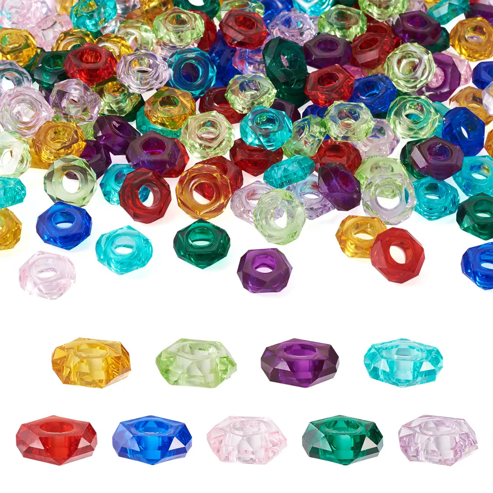 

180Pcs 9 Colors Transparent Resin European Beads Loose Charm Beads Large Hole Faceted Mixed Color for Jewelry Making 13-14x5mm