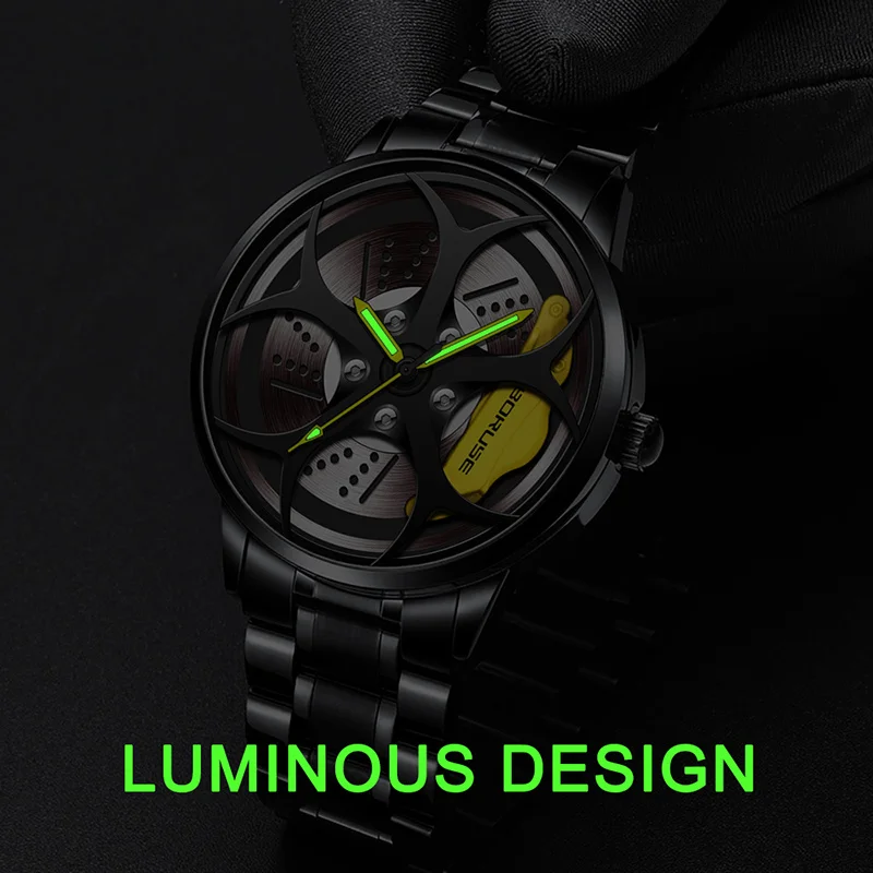 BORUSE Luxury Men's Fashion Car Wheel Watches Men Sports Waterproof Quartz Wristwatch Stainless Steel Wheel Hub Watch