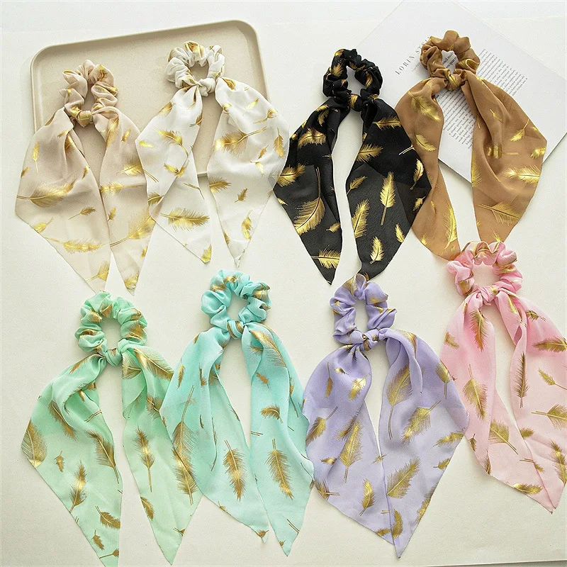 Korean New Fashion Chiffon Feather Streamer Hair Ribbon Ponytial Scrunchies Hair Accessoris For Woman Girls