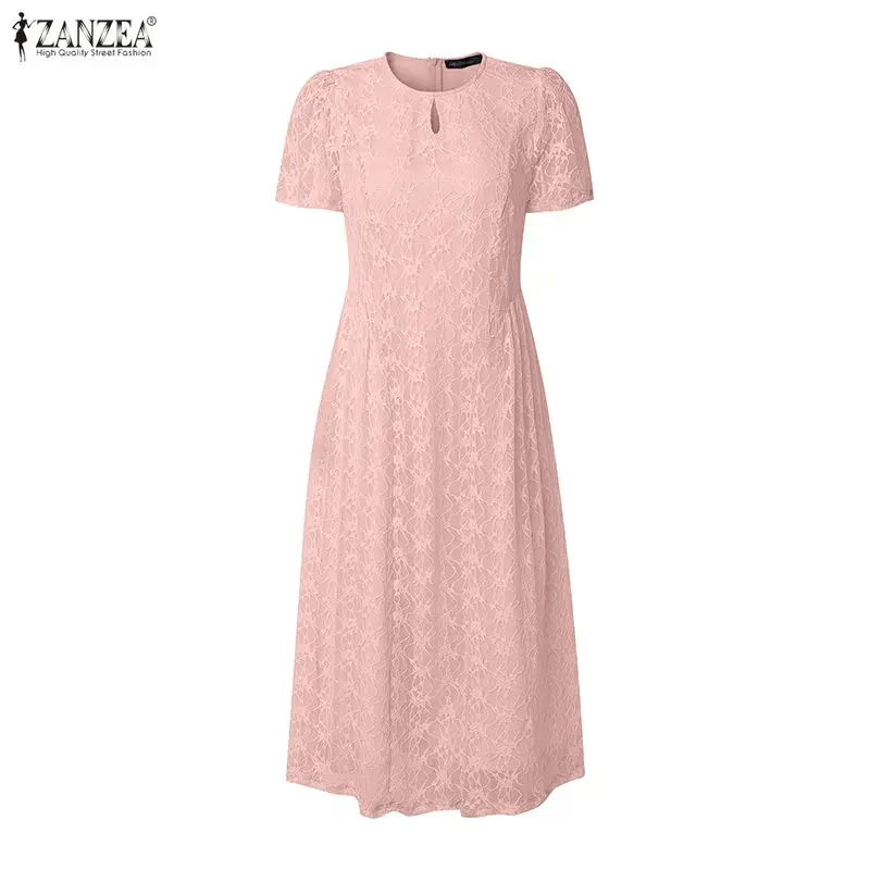 Women Elegant Lace Patchwork Party Dress ZANZEA 2026 Summer Sundress Stylish Short Sleeve Hollow Out Embroidered Work Dresses 2